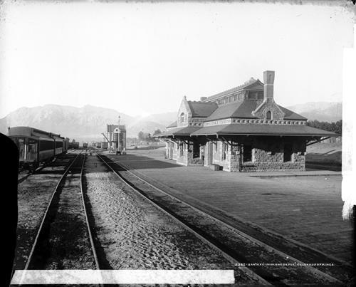 A old photo of the Santa Fe Midland passenger rail Depot in ColoradoSprings