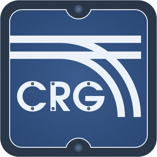The Logo of Collorad Rail Game, with the initials CRG and two white lines going left to right and two other white lines going from left to the bottm.