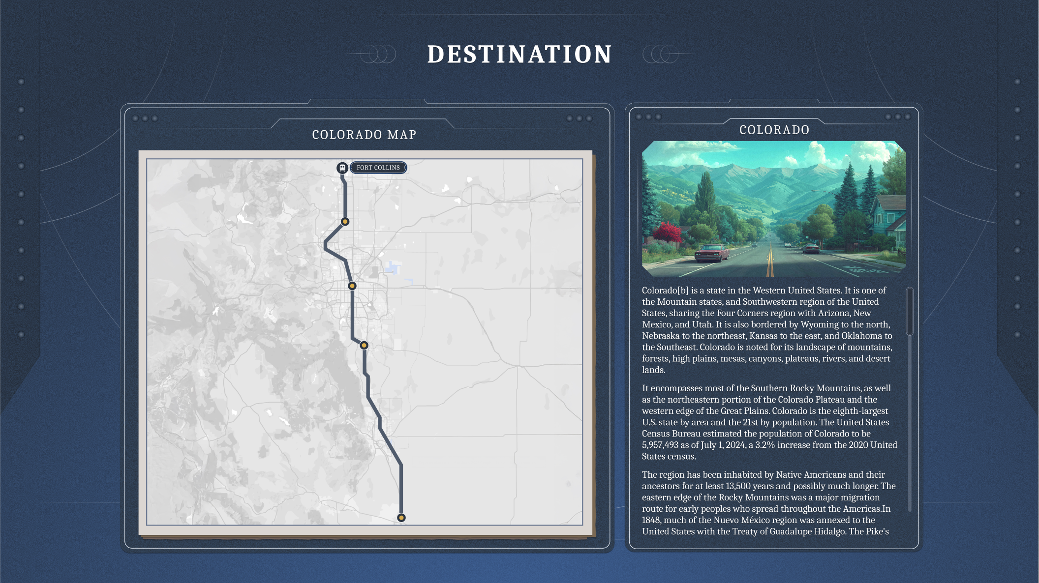 A destination map of Colorado showing the route of the train and with a brief description of what Colorado is like.